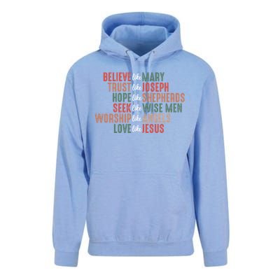 Retro Christian Christmas Believe Like Mary Love Like Jesus Gift Unisex Surf Hoodie