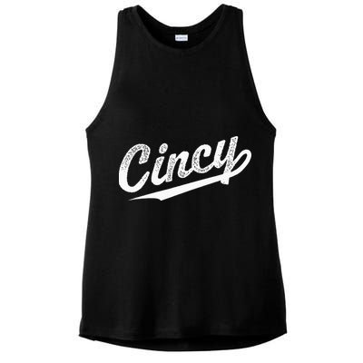 Retro Cincy Cincinnati Ohio Vintage Cursive Script Throwback Ladies PosiCharge Tri-Blend Wicking Tank