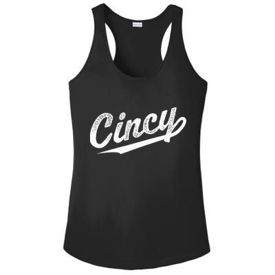 Retro Cincy Cincinnati Ohio Vintage Cursive Script Throwback Ladies PosiCharge Competitor Racerback Tank