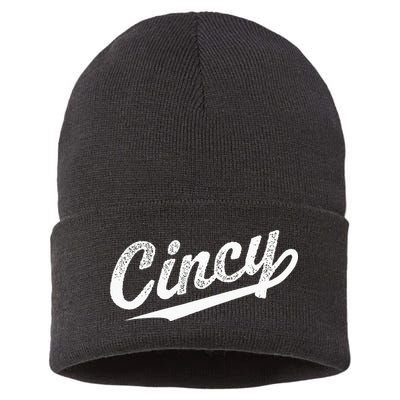 Retro Cincy Cincinnati Ohio Vintage Cursive Script Throwback Sustainable Knit Beanie
