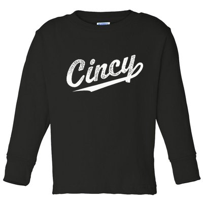 Retro Cincy Cincinnati Ohio Vintage Cursive Script Throwback Toddler Long Sleeve Shirt