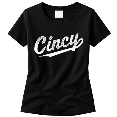 Retro Cincy Cincinnati Ohio Vintage Cursive Script Throwback Womens T-Shirt