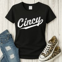 Retro Cincy Cincinnati Ohio Vintage Cursive Script Throwback Womens T-Shirt