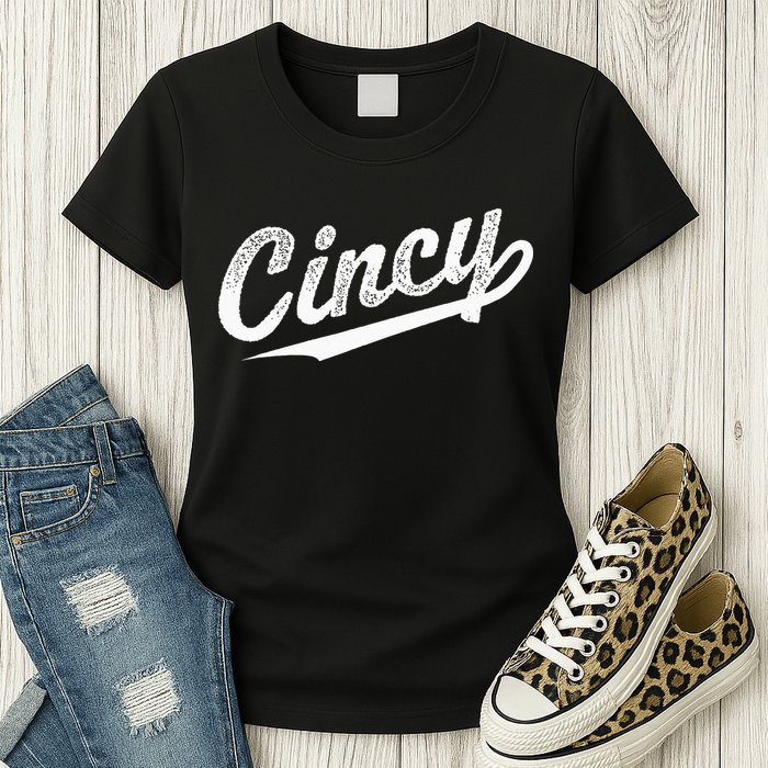 Retro Cincy Cincinnati Ohio Vintage Cursive Script Throwback Womens T-Shirt