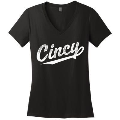Retro Cincy Cincinnati Ohio Vintage Cursive Script Throwback Women's V-Neck T-Shirt