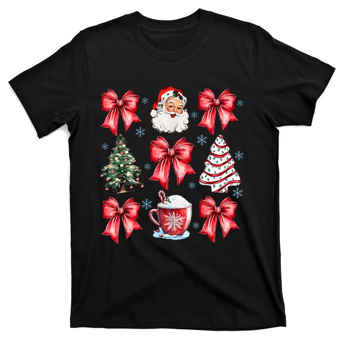 Retro Christmas Coquette Bow Santa Coffee Cake Holiday Women T-Shirt