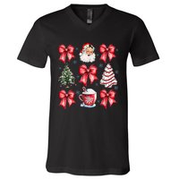 Retro Christmas Coquette Bow Santa Coffee Cake Holiday Women V-Neck T-Shirt