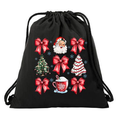 Retro Christmas Coquette Bow Santa Coffee Cake Holiday Women Drawstring Bag