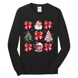 Retro Christmas Coquette Bow Santa Coffee Cake Holiday Women Tall Long Sleeve T-Shirt