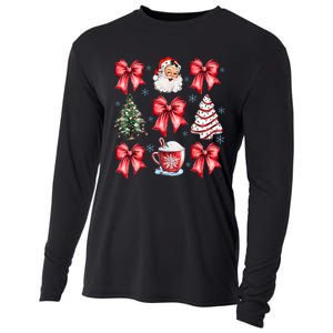 Retro Christmas Coquette Bow Santa Coffee Cake Holiday Women Cooling Performance Long Sleeve Crew