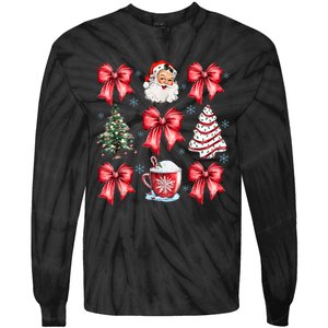 Retro Christmas Coquette Bow Santa Coffee Cake Holiday Women Tie-Dye Long Sleeve Shirt