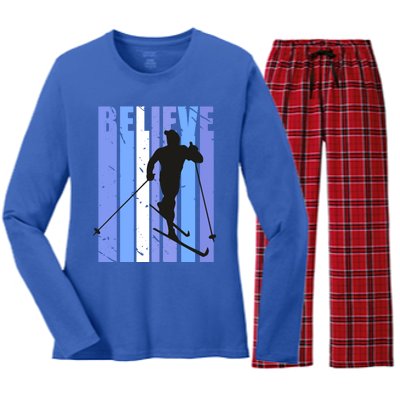 Retro Cross Country Skiing Winter Ice Sports Snow Cute Gift Women's Long Sleeve Flannel Pajama Set 