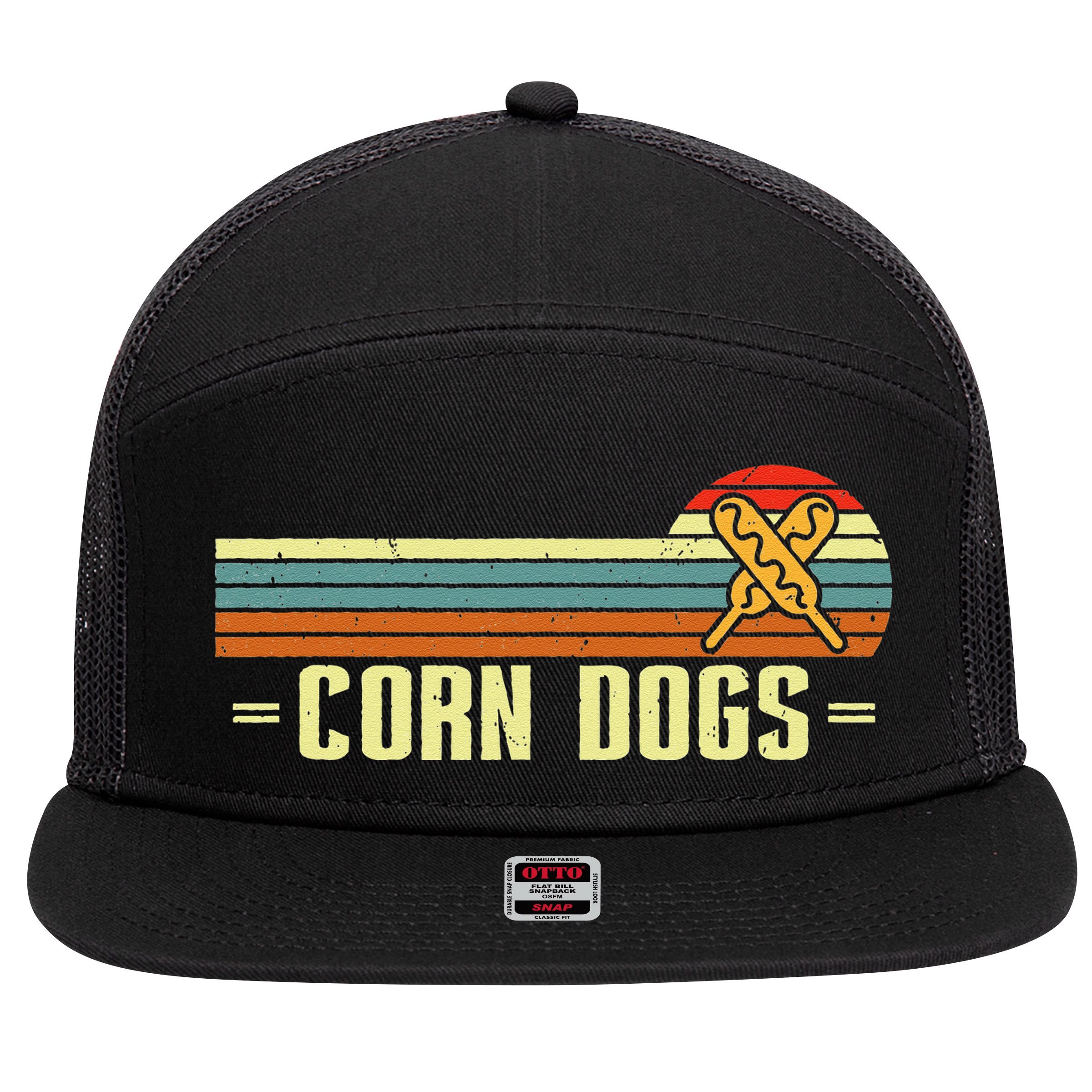 Retro Corn Dogs Make Hot Dogs On Stick Corn Dog Lover 7 Panel Mesh Trucker Snapback Hat