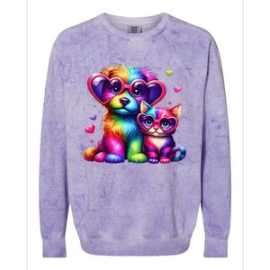 Rainbow Cute Dog & Cat Wearing Glasses Heart Puppy & Kitten Colorblast Crewneck Sweatshirt