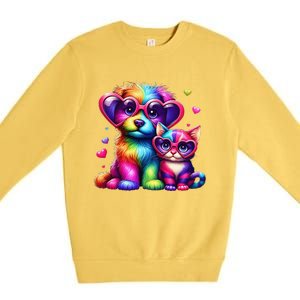 Rainbow Cute Dog & Cat Wearing Glasses Heart Puppy & Kitten Premium Crewneck Sweatshirt