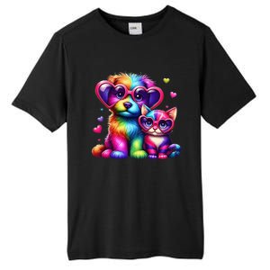 Rainbow Cute Dog & Cat Wearing Glasses Heart Puppy & Kitten Tall Fusion ChromaSoft Performance T-Shirt