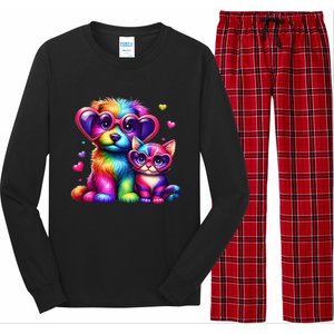 Rainbow Cute Dog & Cat Wearing Glasses Heart Puppy & Kitten Long Sleeve Pajama Set