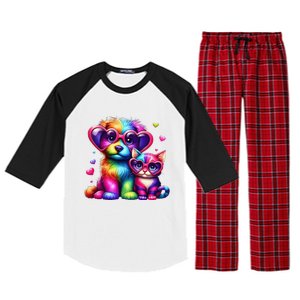 Rainbow Cute Dog & Cat Wearing Glasses Heart Puppy & Kitten Raglan Sleeve Pajama Set