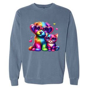 Rainbow Cute Dog & Cat Wearing Glasses Heart Puppy & Kitten Garment-Dyed Sweatshirt