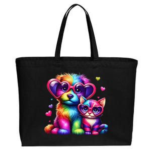 Rainbow Cute Dog & Cat Wearing Glasses Heart Puppy & Kitten Cotton Canvas Jumbo Tote