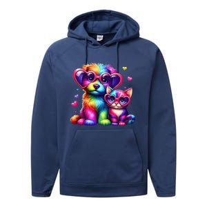 Rainbow Cute Dog & Cat Wearing Glasses Heart Puppy & Kitten Performance Fleece Hoodie