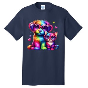 Rainbow Cute Dog & Cat Wearing Glasses Heart Puppy & Kitten Tall T-Shirt