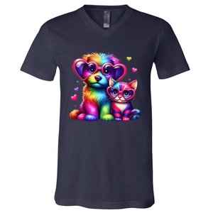 Rainbow Cute Dog & Cat Wearing Glasses Heart Puppy & Kitten V-Neck T-Shirt