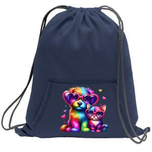 Rainbow Cute Dog & Cat Wearing Glasses Heart Puppy & Kitten Sweatshirt Cinch Pack Bag