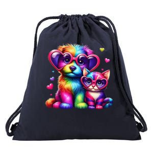 Rainbow Cute Dog & Cat Wearing Glasses Heart Puppy & Kitten Drawstring Bag