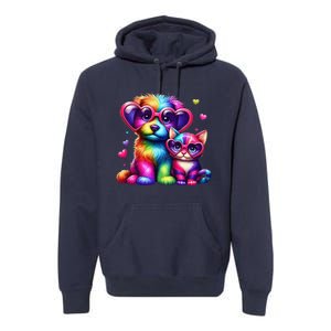 Rainbow Cute Dog & Cat Wearing Glasses Heart Puppy & Kitten Premium Hoodie