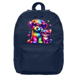 Rainbow Cute Dog & Cat Wearing Glasses Heart Puppy & Kitten 16 in Basic Backpack