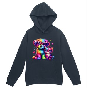 Rainbow Cute Dog & Cat Wearing Glasses Heart Puppy & Kitten Urban Pullover Hoodie