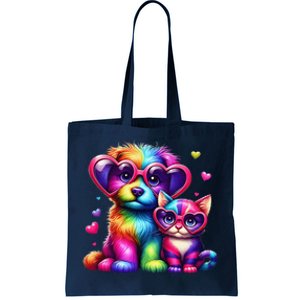 Rainbow Cute Dog & Cat Wearing Glasses Heart Puppy & Kitten Tote Bag