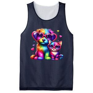 Rainbow Cute Dog & Cat Wearing Glasses Heart Puppy & Kitten Mesh Reversible Basketball Jersey Tank