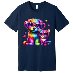 Rainbow Cute Dog & Cat Wearing Glasses Heart Puppy & Kitten Premium T-Shirt