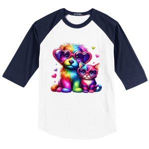 Rainbow Cute Dog & Cat Wearing Glasses Heart Puppy & Kitten Baseball Sleeve Shirt