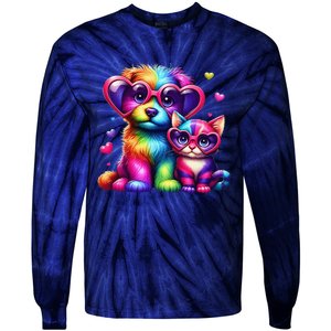 Rainbow Cute Dog & Cat Wearing Glasses Heart Puppy & Kitten Tie-Dye Long Sleeve Shirt