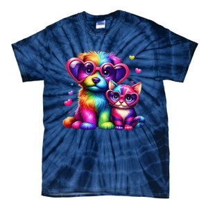 Rainbow Cute Dog & Cat Wearing Glasses Heart Puppy & Kitten Tie-Dye T-Shirt