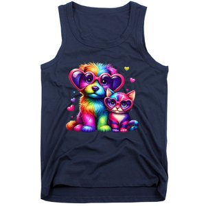 Rainbow Cute Dog & Cat Wearing Glasses Heart Puppy & Kitten Tank Top