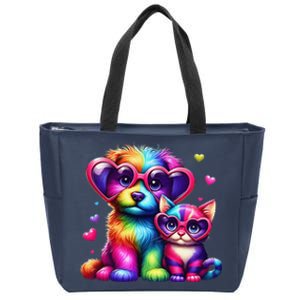 Rainbow Cute Dog & Cat Wearing Glasses Heart Puppy & Kitten Zip Tote Bag