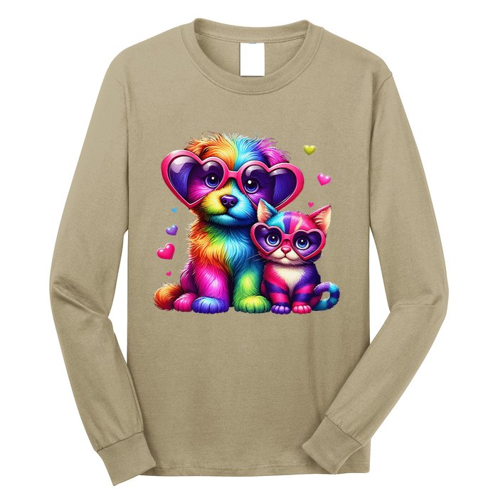 Rainbow Cute Dog & Cat Wearing Glasses Heart Puppy & Kitten Long Sleeve Shirt