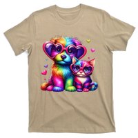 Rainbow Cute Dog & Cat Wearing Glasses Heart Puppy & Kitten T-Shirt