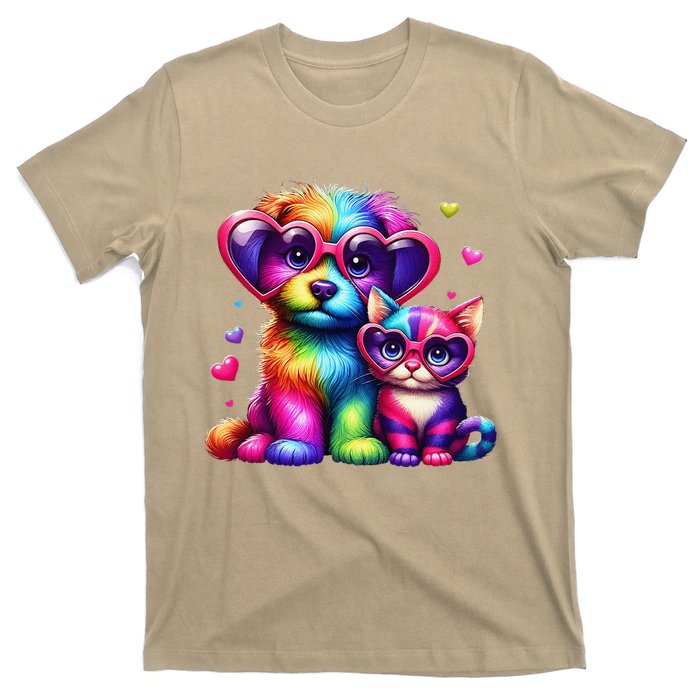 Rainbow Cute Dog & Cat Wearing Glasses Heart Puppy & Kitten T-Shirt