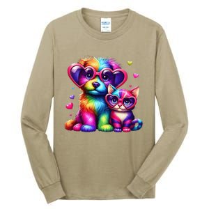 Rainbow Cute Dog & Cat Wearing Glasses Heart Puppy & Kitten Tall Long Sleeve T-Shirt