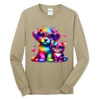 Rainbow Cute Dog & Cat Wearing Glasses Heart Puppy & Kitten Tall Long Sleeve T-Shirt