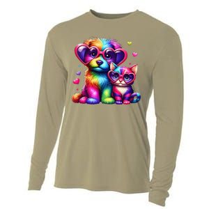 Rainbow Cute Dog & Cat Wearing Glasses Heart Puppy & Kitten Cooling Performance Long Sleeve Crew