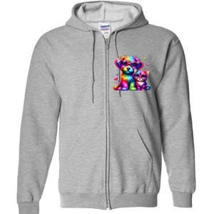 Rainbow Cute Dog & Cat Wearing Glasses Heart Puppy & Kitten Full Zip Hoodie