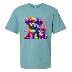 Rainbow Cute Dog & Cat Wearing Glasses Heart Puppy & Kitten Sueded Cloud Jersey T-Shirt