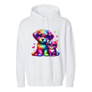 Rainbow Cute Dog & Cat Wearing Glasses Heart Puppy & Kitten Garment-Dyed Fleece Hoodie