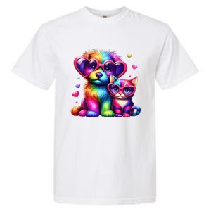 Rainbow Cute Dog & Cat Wearing Glasses Heart Puppy & Kitten Garment-Dyed Heavyweight T-Shirt